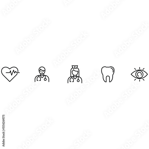 Healthcare medical icon set with heart doctor nurse dentist and eye checkup outline vector illustration for hospital and clinic design.