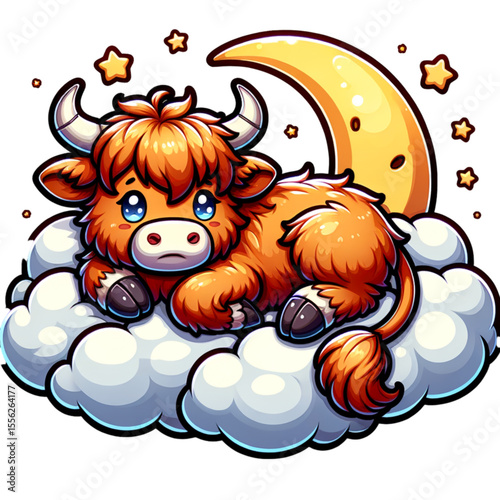 Dreamy Celestial Highland Cow: A whimsical, illustrated highland cow resting peacefully atop fluffy clouds, gazing at the crescent moon and stars in a delightful cartoon illustration.