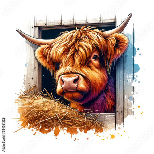 Highland Cow at Farm: A Highland cow with long, shaggy coat and majestic horns peers out from a barn window, bathed in the warm glow of the setting sun. A tranquil farm scene.