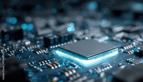 Detailed close-up of a circuit board with central chip glowing a luminous blue