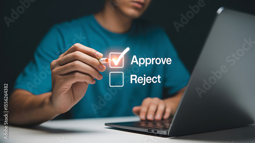 Person approving a decision by marking a checkbox next to approve on a digital screen