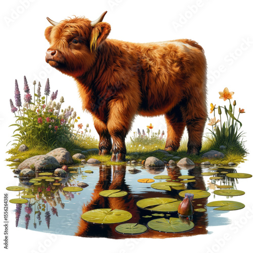 Highland Cattle in Scenic Marsh: A captivating view of a Highland cow standing peacefully in the marsh, surrounded by beautiful wildflowers, enjoying nature's touch.