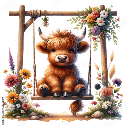 Highland calf on Swing: The adorable highland calf sits on swing, surrounded by a floral frame. It evokes feelings of happiness and well-being. 
