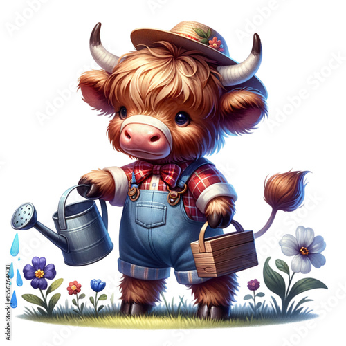 Highland Cow Gardener: An adorable highland cow in a denim overalls and straw hat, waters the garden with a watering can. The cow is standing in a meadow of blooming flowers.
