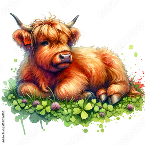 Highland Calf in Clover: A charming illustration showcases a fluffy Highland calf relaxing amongst a bed of green clover, presenting an adorable scene of rustic charm and natural beauty.