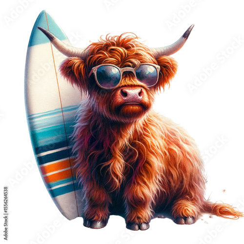 Surf's Up, Highland Style: A charming Highland cow, sporting stylish sunglasses, leans playfully against a vibrant surfboard, perfectly capturing the essence of a fun summer day.