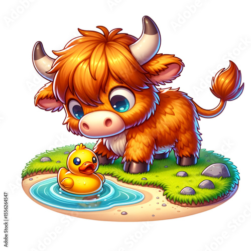 Adorable Highland Calf's Friendly Encounter: A cute and cuddly Highland calf with fluffy orange fur and big, expressive eyes gazes with curiosity at a little yellow duck.