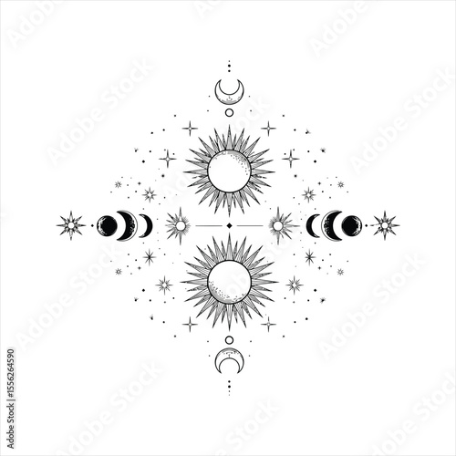 Celestial sun and moon phases stars