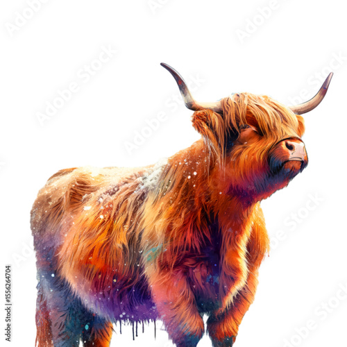 Highland Cow Painting: A vibrant, stylized painting of a Highland cow, its long, shaggy coat rendered in rich oranges and browns, set against a white background.