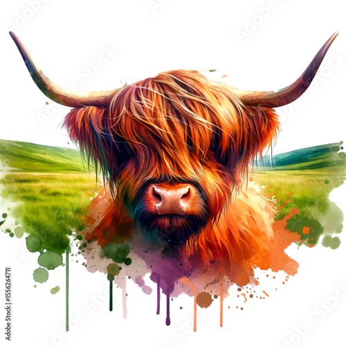 Highland Cow in Watercolour: A striking highland cow, with long, shaggy fur and magnificent horns, is artistically rendered in a vibrant watercolor style.