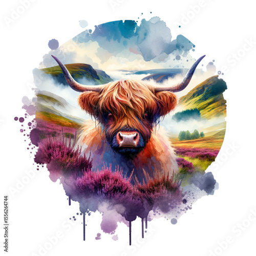 Highland Cow Amidst Heather: A striking watercolor depiction of a majestic Highland cow, framed by vibrant heather and a picturesque landscape that radiates serenity.