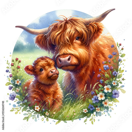 Highland Cow's tender moment: A tender scene unfolds as a Highland cow and its calf share a heartwarming moment, surrounded by wildflowers and lush greenery, portraying maternal love and tranquility.