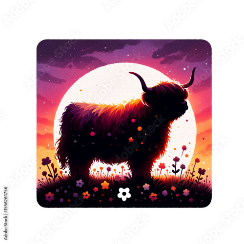 Highland Cow Silhouette at Sunset: A fluffy Highland cow stands as a dark silhouette, its shaggy coat outlined against the vibrant colors of a sunset.