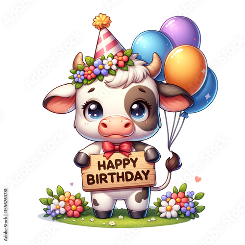 Playful Bovine's Birthday Bash: A cute, cartoon-style cow wearing a party hat, floral wreath, and bow tie, holding balloons and a 'Happy Birthday' sign, perfect for any celebration.