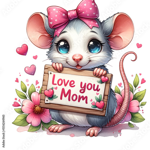 Mouse's Sweet Affirmation: A charming illustration of a mouse, tenderly holding a sign expressing love. Adorned with floral and heart motifs. Conveying warmth and affection.
