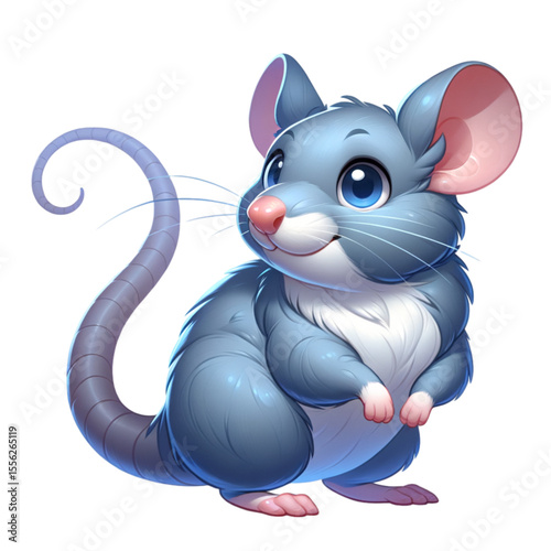Cute Animated Mouse: A delightful illustration of a charming, animated mouse with soft blue fur, large expressive eyes, and a playful smile, evoking feelings of warmth and cheerfulness.
