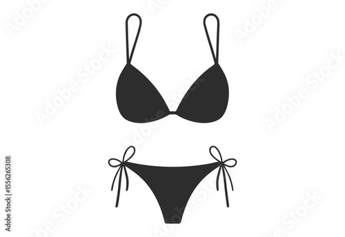 Simple black silhouette of a bikini with tie side bottoms and halter top