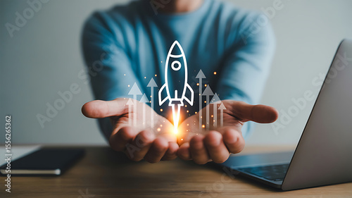 Man holding a rocket launching into the sky with upward arrows symbolizing growth and success