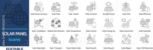 Solar Panel Vector Line Icons. Containing Solar, Panel, Energy, Power, Sun, Connect, Data, Analytics, Finance, Award, Contract, Document and more. Solid Vector Line Icons collection.