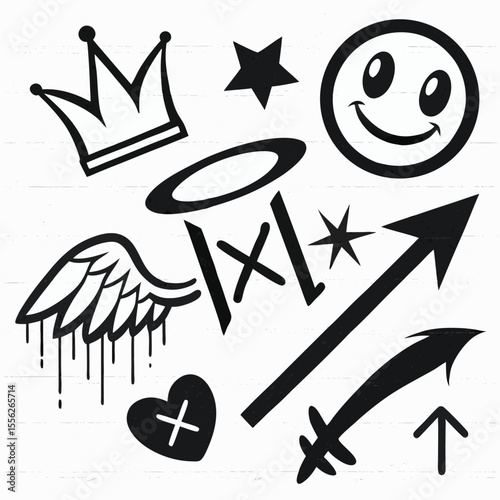 Collection of black spray painted graffiti symbols and elements