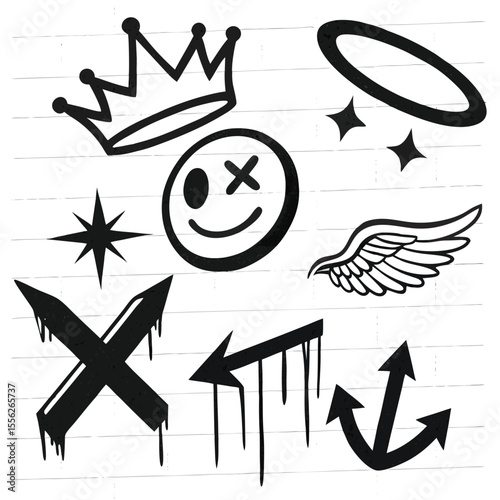 Collection of black spray painted graffiti symbols and elements for urban design