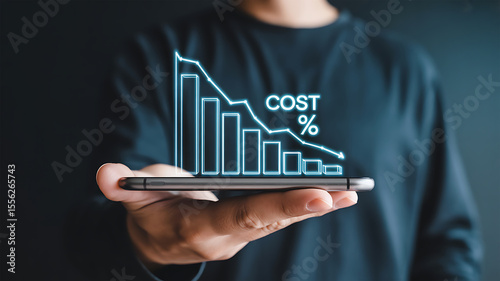 Digital graph showing declining costs and percentage reduction displayed on a smartphone held by a person