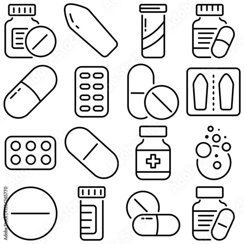 Pills and Suppositories Essentials Icon Set Outline Style