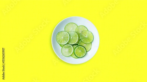 Sliced lemon in the plate on yellow background. Sliced lemon fruit with stop motion effect. Seamless loop video