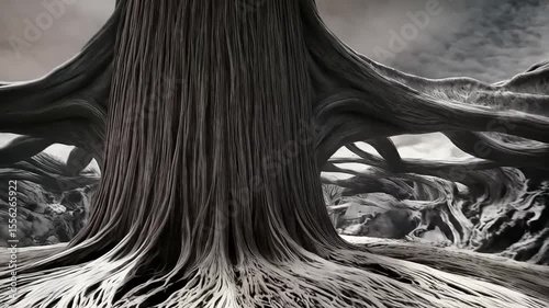Monochromatic root system amidst storm clouds, a surreal arboreal landscape