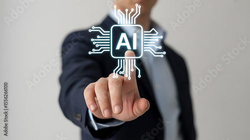 Man s finger interacting with a glowing ai chip symbol representing artificial intelligence
