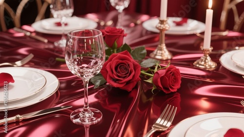 Elegantly Set Romantic Table with Red Roses and Candles