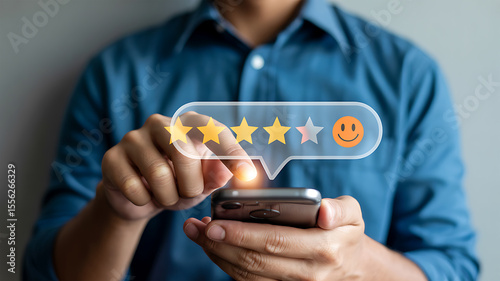 Customer leaves a four star rating and a happy face emoji on a smartphone screen