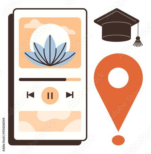 Phone screen with meditation app featuring a lotus, music controls. Includes map pin, graduation cap highlighting learning, wellness location. Ideal for mindfulness, education, relaxation, health
