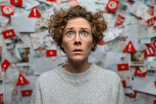 person overwhelmed by social media feeds with warning icons, concept of misinformation overload