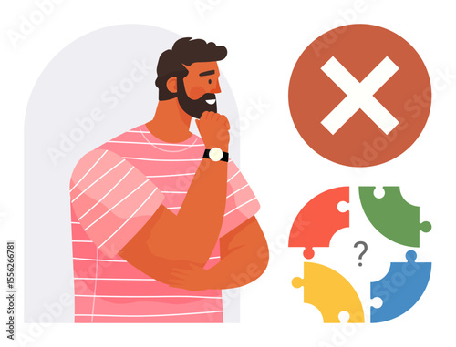 Thoughtful man pondering solutions with puzzle pieces and a cross symbol. Ideal for decision-making, problem-solving, confusion, doubt, strategy, conflict, brainstorming. Simple flat metaphor