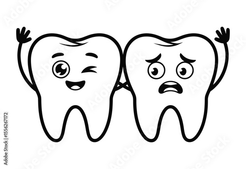 Two cartoon teeth characters one happy winking and one sad scared with hands up