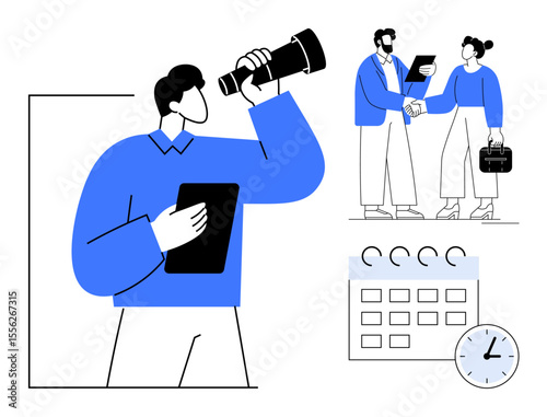 Man with a telescope planning ahead, team shaking hands for business deal, calendar, clock for time management. Ideal for teamwork, strategy, goals, scheduling, planning partnership productivity