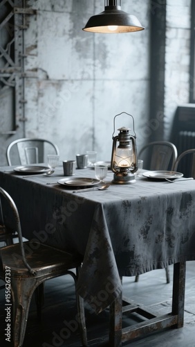 Industrial-style dining setup with a dark tablecloth, metal chairs, and a vintage lantern centerpiece