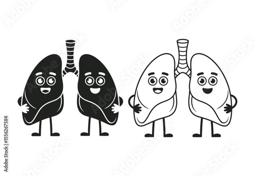 Two cute cartoon lungs characters smiling and waving with happy expressions