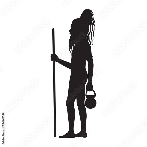 Naga Sadhu with long hair and ash-covered body, Silhouette Vector Illustration