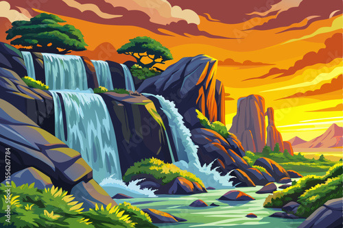 Majestic Waterfall with Sunset Sky Vector