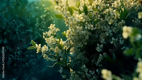 Enchanting cascade of delicate white blossoms and green foliage in soft sunlight