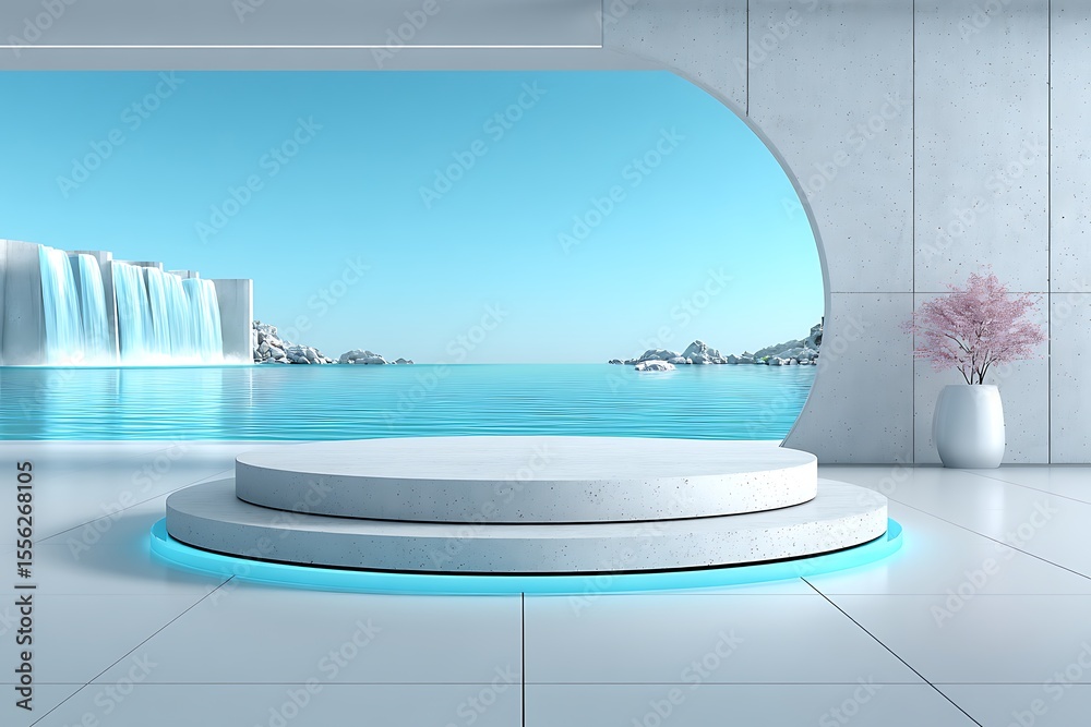 Fototapeta premium Minimalist pedestal, ocean view, modern interior