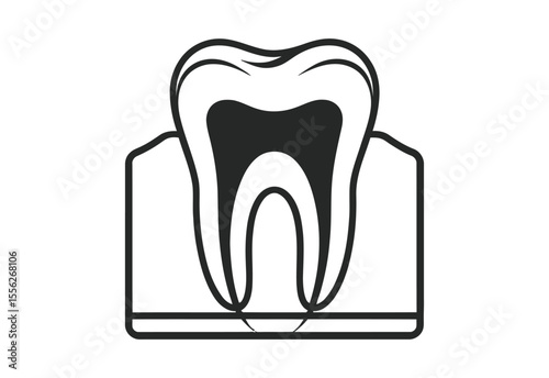 Stylized black and white illustration of a healthy tooth with roots in gums