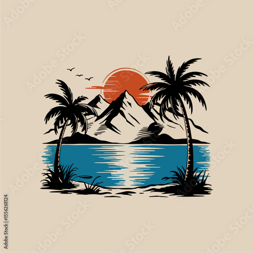 Serene sunset over tranquil beach scene with majestic mountains and palm trees.