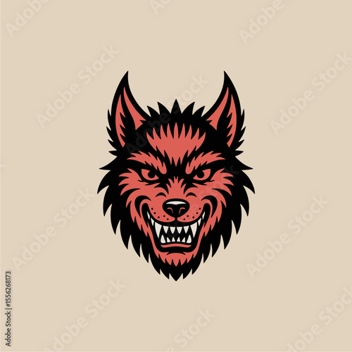 A stylized graphic illustration of a ferocious wolf's head.