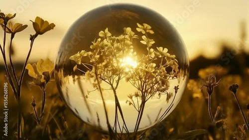 Floral Visions Encapsulated: Sunset Meadow Reflections in a Crystalline Sphere