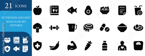 Solid vector icons for healthy food, diet, fitness, and nutrition. Perfect for apps, web, print, and wellness design projects