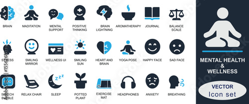 
A solid mental health and wellness  icons representing mindfulness, self-love, stress relief, therapy, breathing, meditation, balance and focus. Ideal for wellness apps, UI, and infographics.