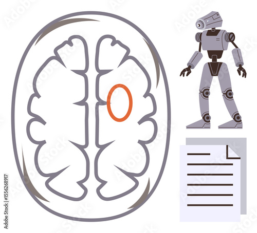 Brain diagram with highlighted region, humanoid robot figure, and document sheet. Ideal for AI, neuroscience, technology, innovation, machine learning robotics and cognition themes. Simple flat